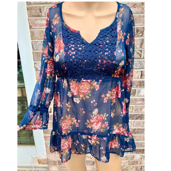Navy Blue & Red Rose Floral Sheer Bell Sleeve Top - Picture 2 of 5
